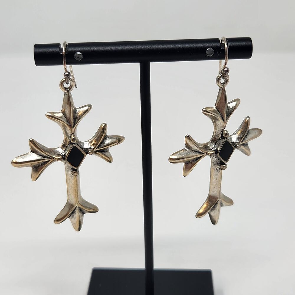 Cross Silver Tone Black Enamel Large Dangle Drop Hook Earrings Religious Jewelry